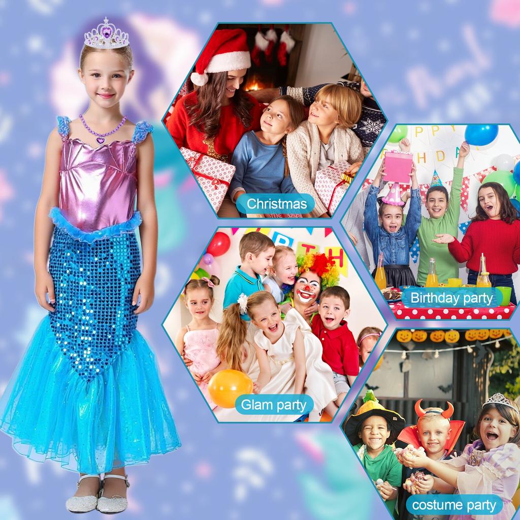 Set Rochie Printesa Sirena 6 Accessories Blue 5-6 Years 110cm Kids Party Costume