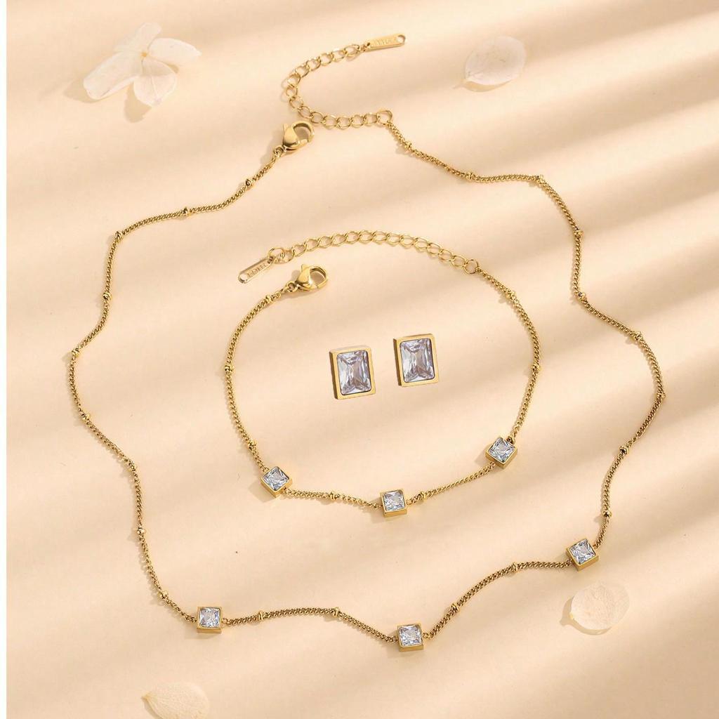 French Elegant White Zirconia Jewelry Set: Necklace, Bracelet & Earring Studs in Titanium Steel.