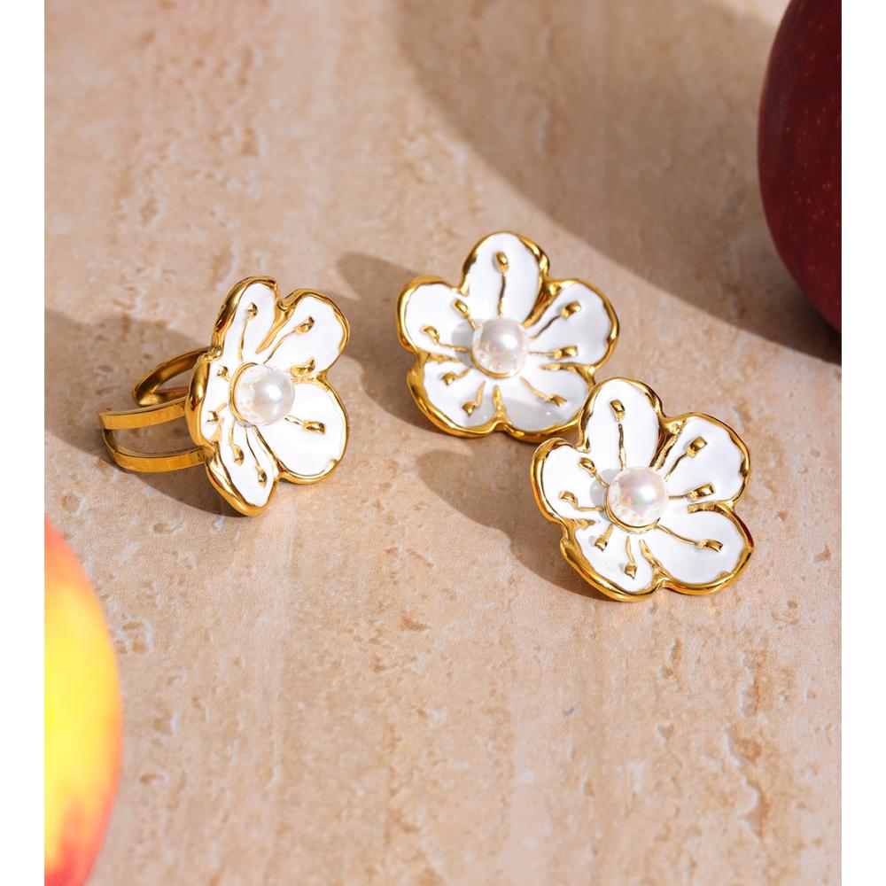 Eetit Popular Style White Enamel Pearl Korean Flower Earrings Ring Set Stainless Steel Daily Arrivals Jewelry Water Resistant