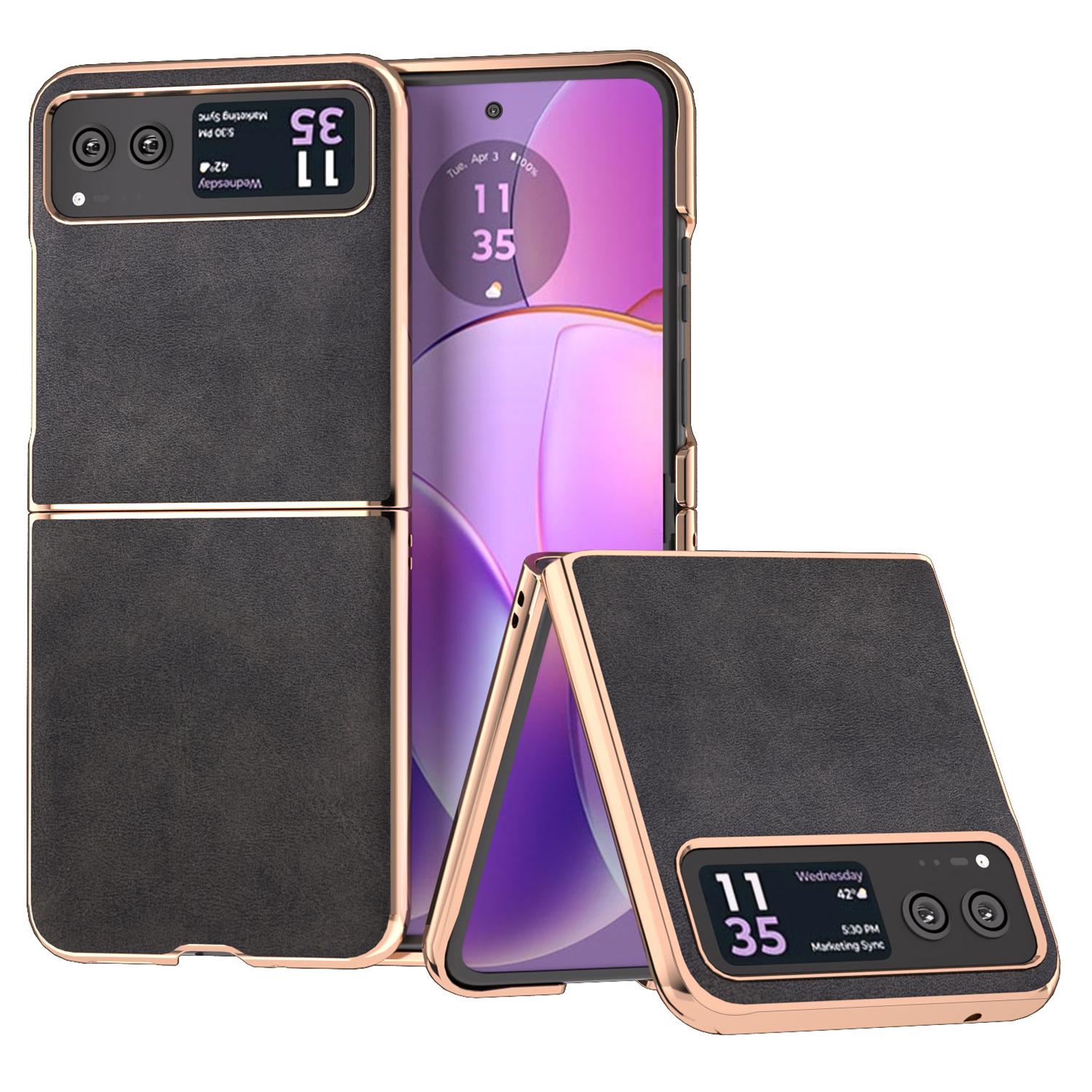 

For Motorola Razr 40 5G Cowhide Texture Back Cover Anti-drop PU Leather+PC Electroplating Phone Case Black