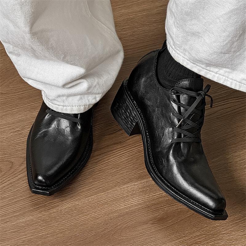 Fashion Black Derby Men's Leather Shoes Classic Luxury Designer Style Dance and Party Trendy Adult Thick Soled Shoes Couple Black