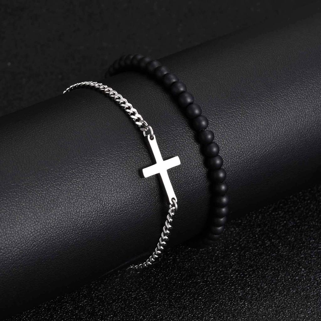2 Stück/Set Kreuzkettenarmband für Herren, Lässiges Schwarzes Natürlicher Stein Perlenverstellbares Armband, Schmuckgeschenk für Ehemann Papa BBF