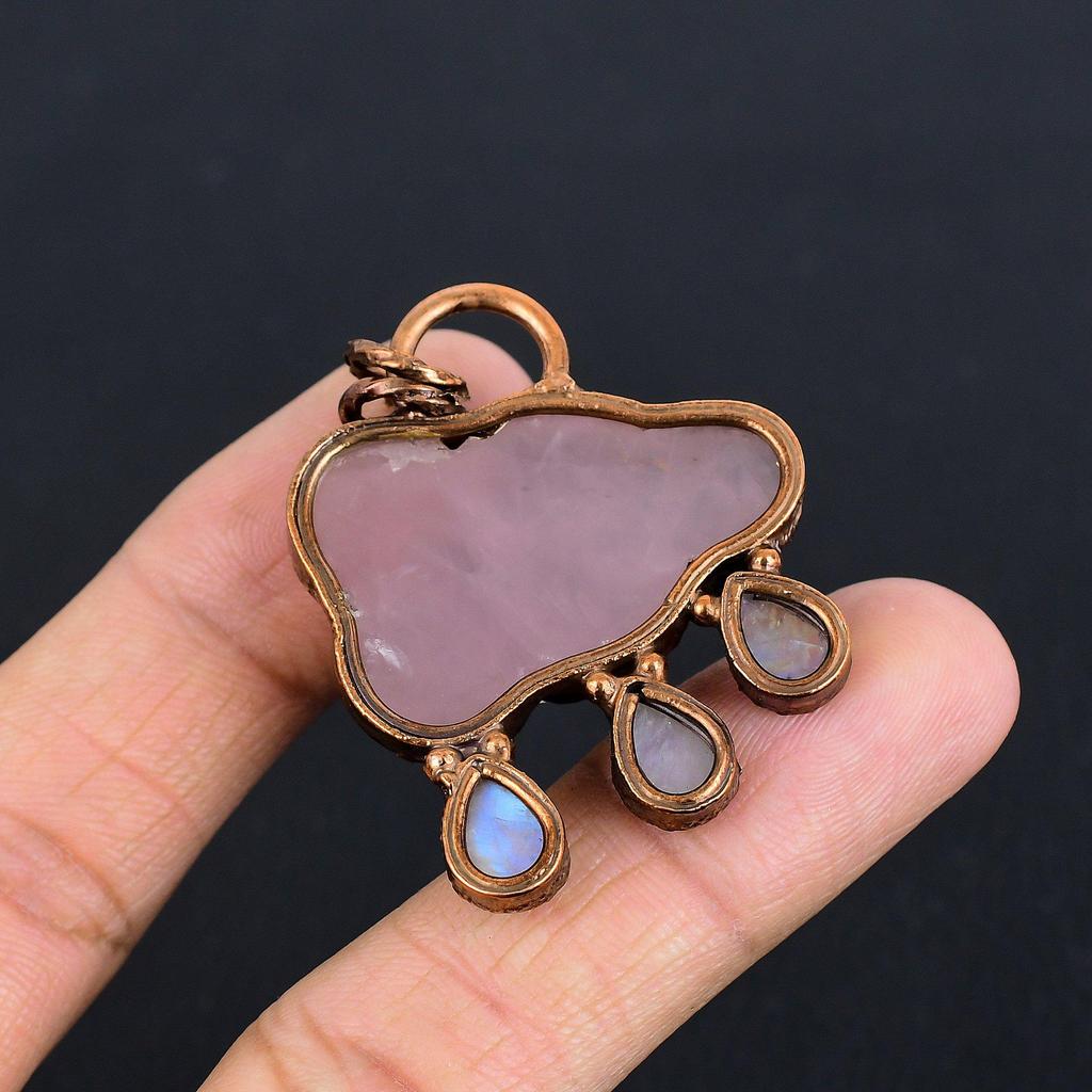 Rose Quartz Jewelry, Copper Electroformed Pendant Handmade Gemstone Jewelry, Gifts For Wife Brand New Pendant