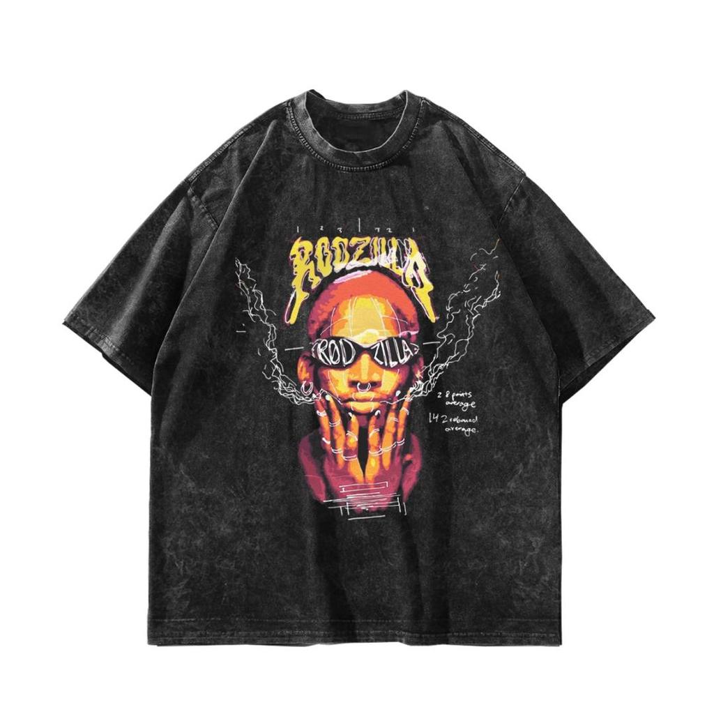 RODZILLA Logo Character Print Distressed Short Sleeved T-shirt Loose Fit Unisex Trendy Brand Style Daily Casual Street Versatile Top