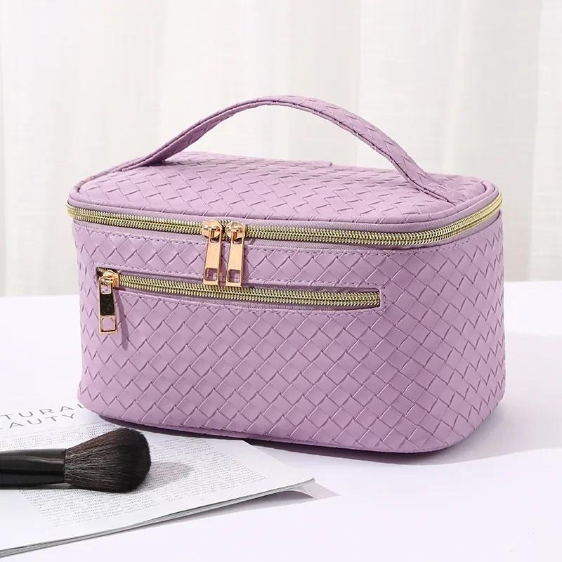 Organizadores de Maquillaje de Gran Capacidad Bolsa de Cosméticos de Cuero PU Organizador de Artículos de Aseo para Mujer Impermeable Estuche de Maquillaje de Almacenamiento a Cuadros Femenino