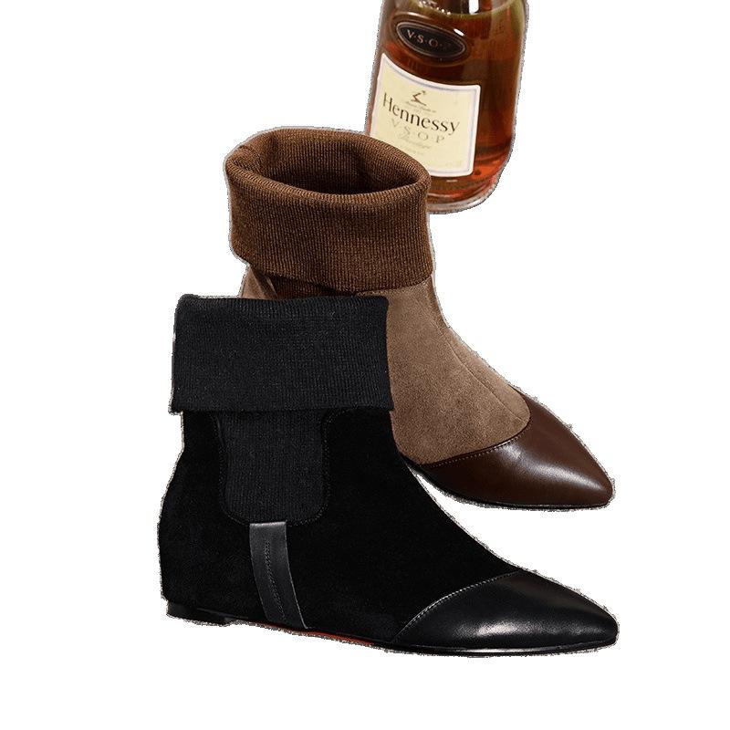 Fashion Autumn and winter women's shoes pointed toe flat bottom heightening wool British style boots short boots trendy cotton shoes