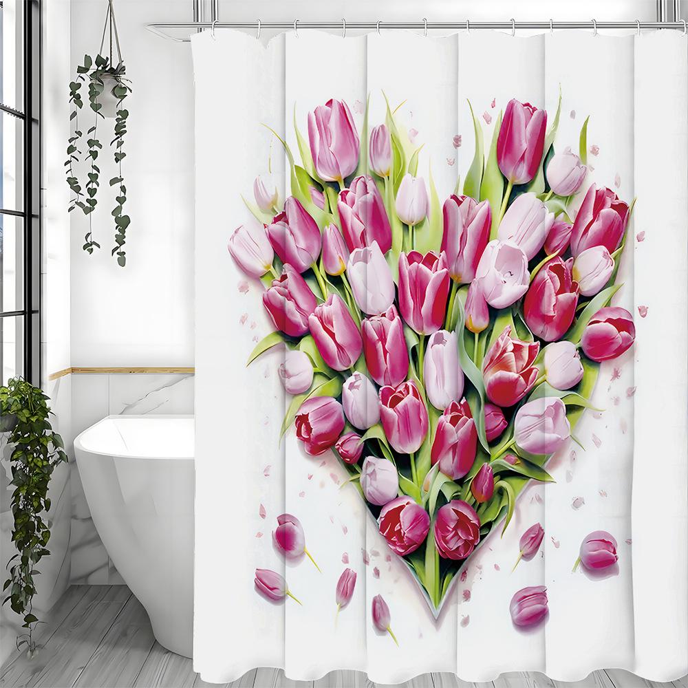 

Creative Heart-Shaped Tulips Shower Curtain Washable Dirt-Resistant Shower Head Waterproof Polyester Bath Curtain For Home Decor W60H190(CM)-1 Pcs