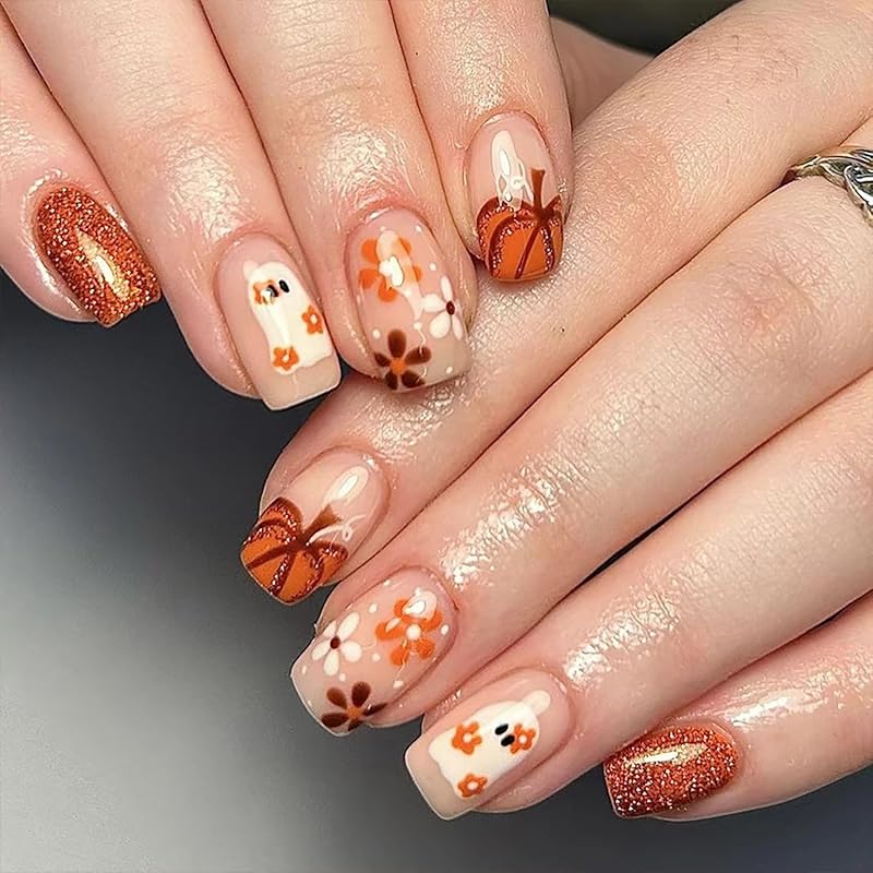 Press on Nails Halloween Square French Tip Fake Nails Mummy and Cobweb Designs Stick on Nail Nude Color Acrylic Nail Halloween Glue on Nails Full