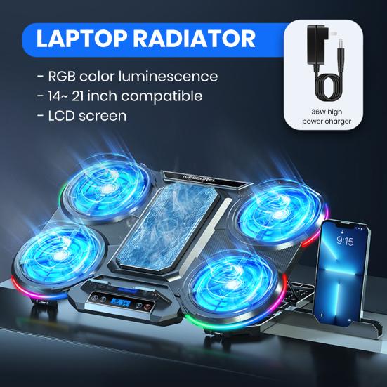 

Охлаждающая подставка для ноутбука, 4 тихих вентилятора, ЖК-экран RGB, игровой компьютер, полупроводниковый кулер, радиатор для ноутбука