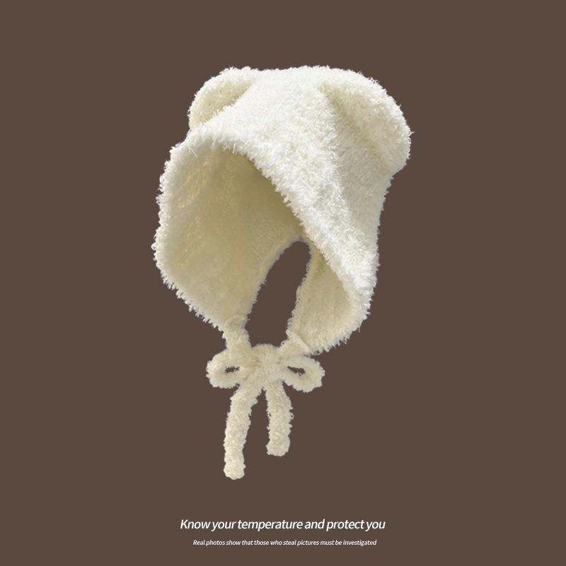 

Белая шапка с вязаными шерстяными медвежьими ушками женская зимняя для маленького лица плюшевая милая с защитой ушей шапка-пуловер теплая шапка от холода (54-58cm) can generally be worn белый