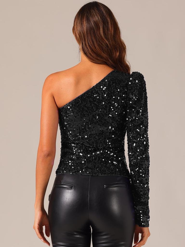 Allegra K Shiny Sequin Puff Sleeve Long Shimmer Size L Women's One-Shoulder Top, Black,