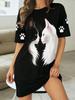 Sommer Mode Katze Muster 3D Druck Kleider Damen Lässig Kurzarm Blumen Strand Kurzes Kleid Sommerkleid Locker Damenkleider