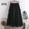Women Midi Skirt Elastic High Waist Floral Embroidery Print Mesh Skirt Double Layered Tulle Large Hem A-Line Skirt