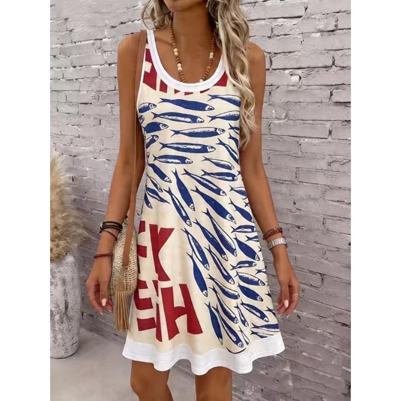 Abito da Donna Vintage Stampato Senza Maniche Girocollo Ampio Morbido Comodo Taglie Forti