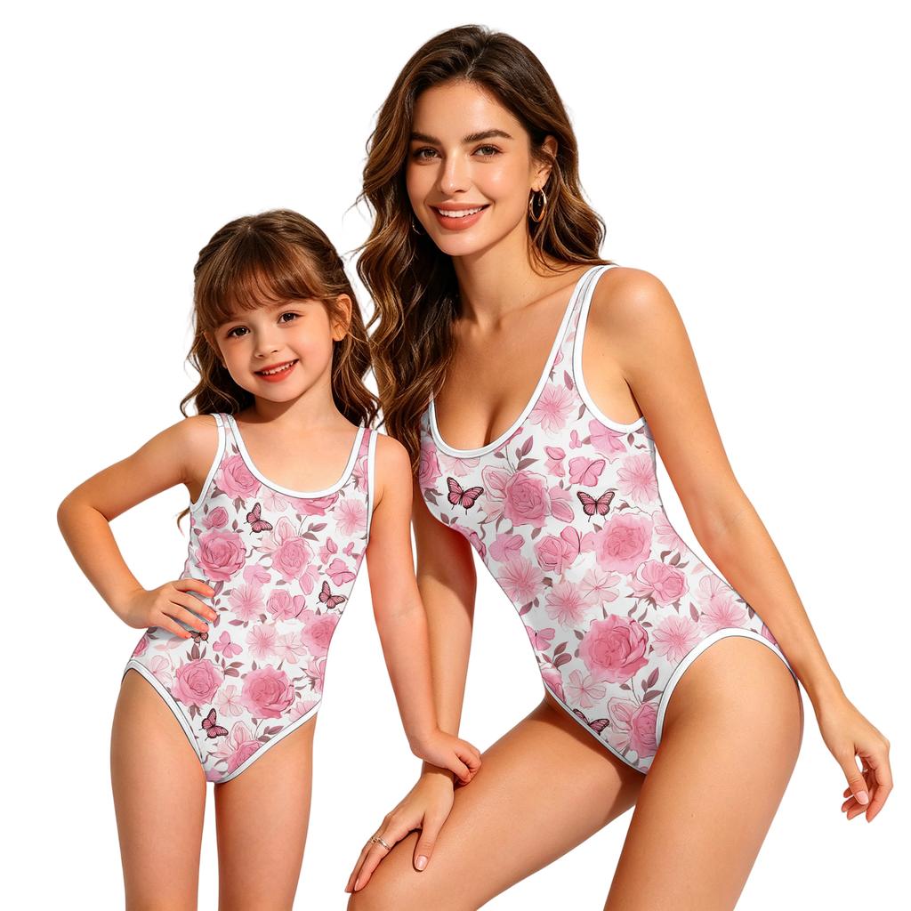 Girls One Piece Swimsuit Floral Print Round Neck Sleeveless Swimwear Suitable for Kids Comfortable Fit Lightweight Fabric