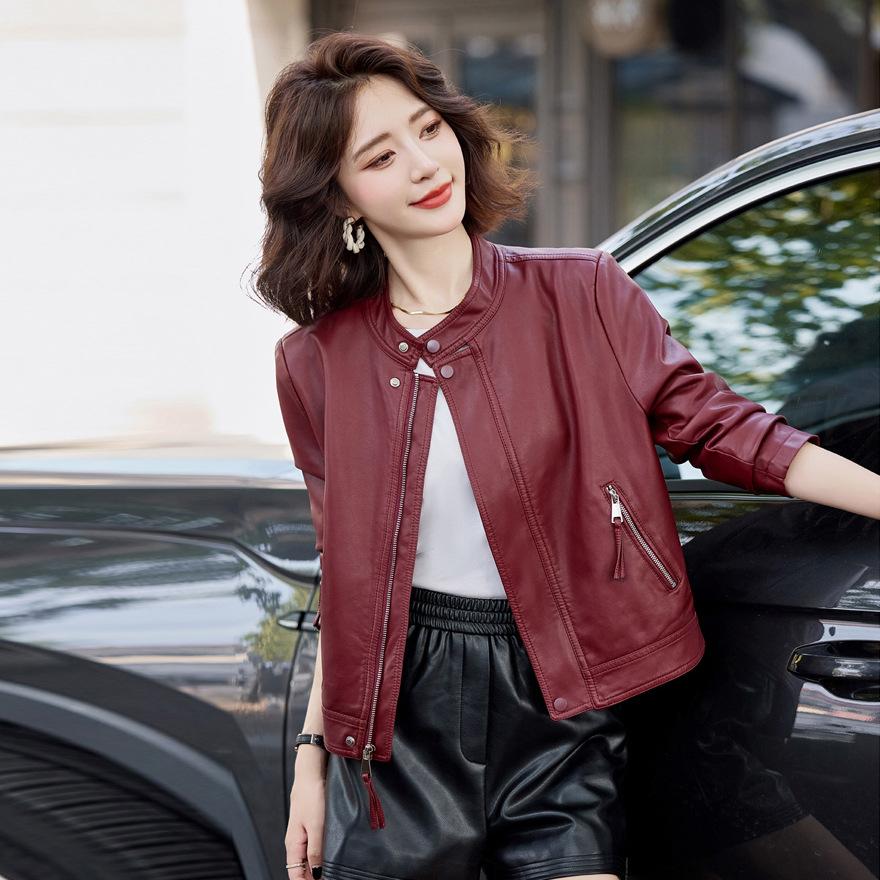 Leather Jacket Women's Spring and Autumn Small Fashion Casual Stand-up Collar Locomotive Style Short Leather Jacket