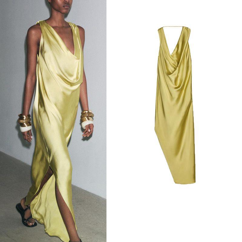 Summer New Product Women's Clothes French Design Draped Collar Open Back Silk Satin Texture Sleeveless Dress 3067381