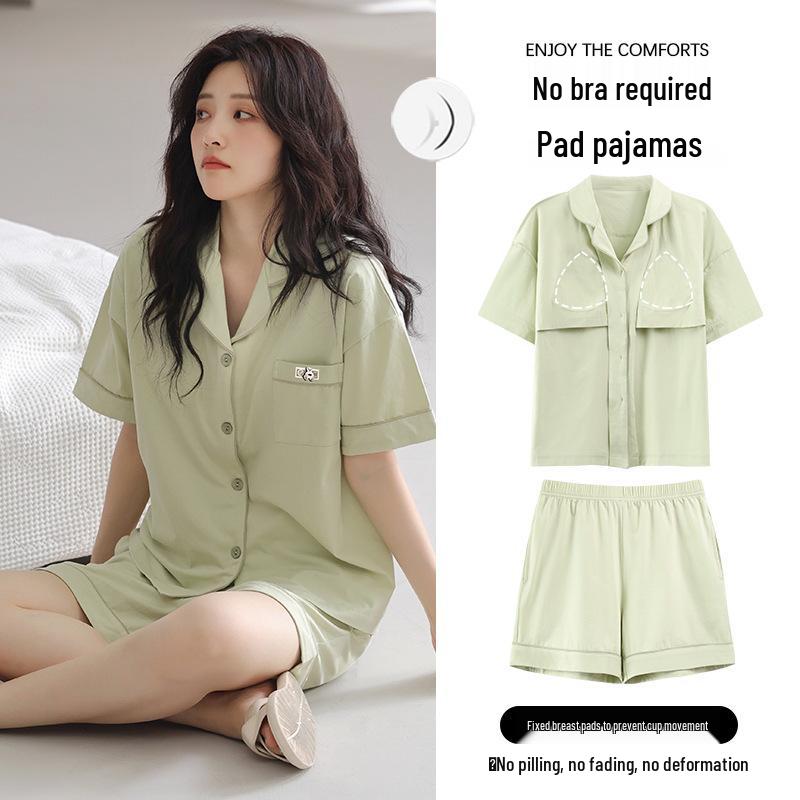 

Женский летний пижамный комплект из чистого хлопка - С коротким рукавом, в стиле кардигана, с нагрудными вкладышами, милый дизайн лацканов, свободный крой XL (60-70 kg)