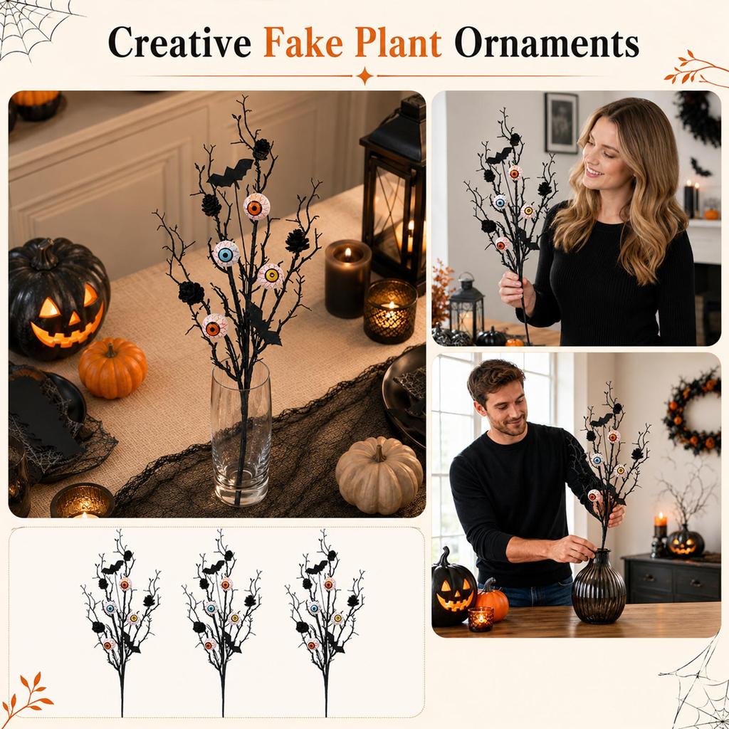 Halloween Decorations Artificial Maple Leaf Pinecone Eyeball Branch Floral Arrangement for Party Decor