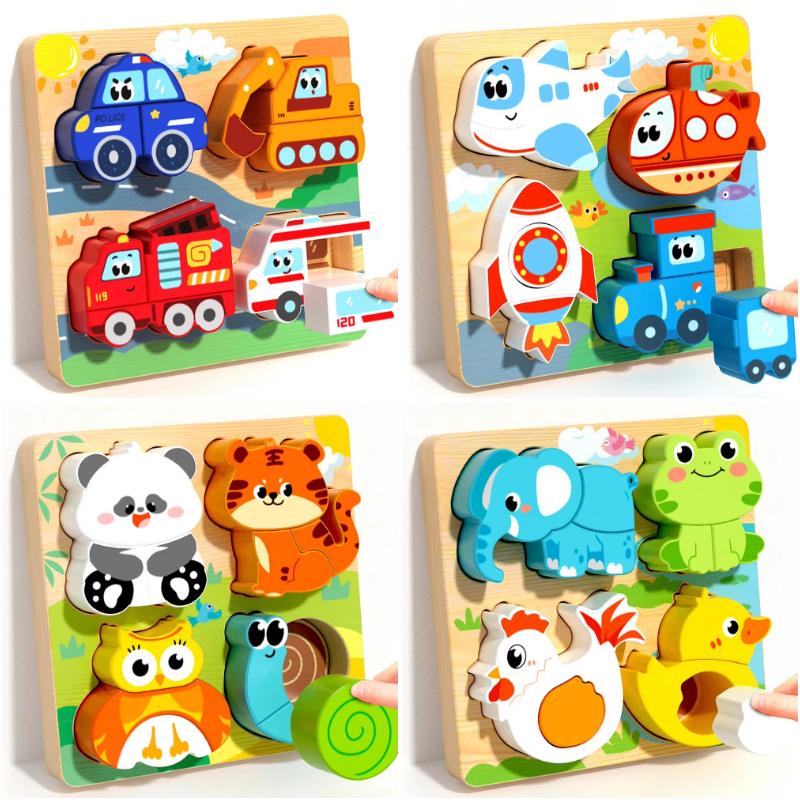 4 In 1 Wooden Toys 3D Wood Puzzle 4Pcs/set Cartoon Animals Cognitive Jigsaw Puzzle Early Learning Educational Toys for Children Gift