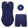 Girls Gymnastics Outfit Keyhole Back Patchwork Sleeveless Leotard Rhinestones Waistband Shorts Hair Tie Headwear Set
