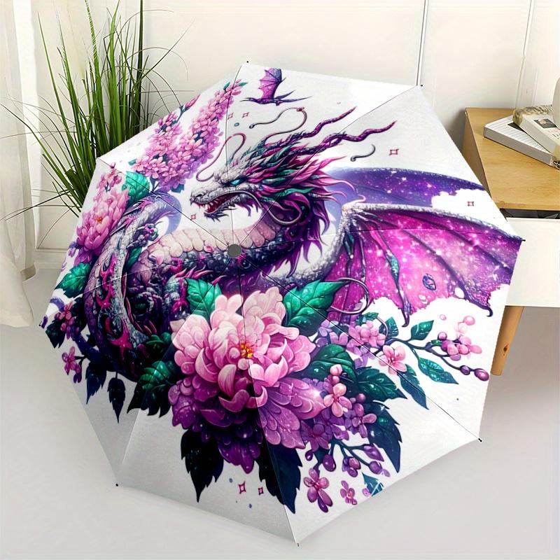 1pc Fantasy Dragon Floral Umbrella: Automatic Opening/Closing, Portable 3-Fold Design, 8-Bone Iron Frame, Outdoor, Perfect Festival Gift for Fans