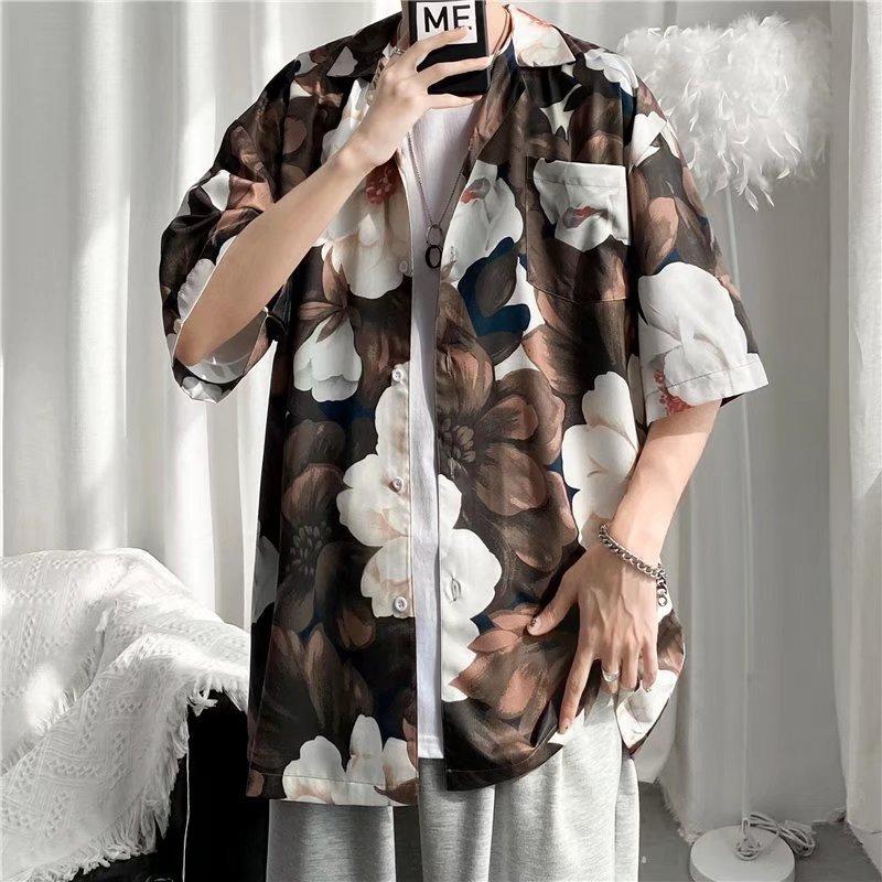 Summer Hawaiian Shirts For Men Hip Hop Mens Japanese Geisha Funny Printed White Pink Shirts Men Korean Casual Holiday Tops Shirt