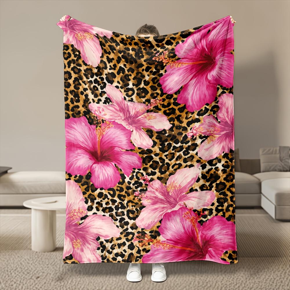 Leopard Print Hot Pink Tropical Flower Flannel Throw Blanket,Exotic Floral Animal Pattern Blanket for Sofa Bedroom Decor