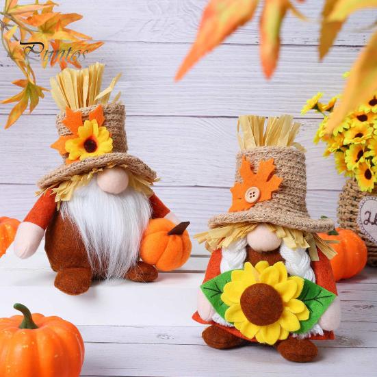 Rustic Sunflower Party Supplies Thanksgiving Plush Gnome Decoration, Fall Scandinavian Tomte Dwarf Figurine, Stuffed Pumpkin Seasonal Tiered