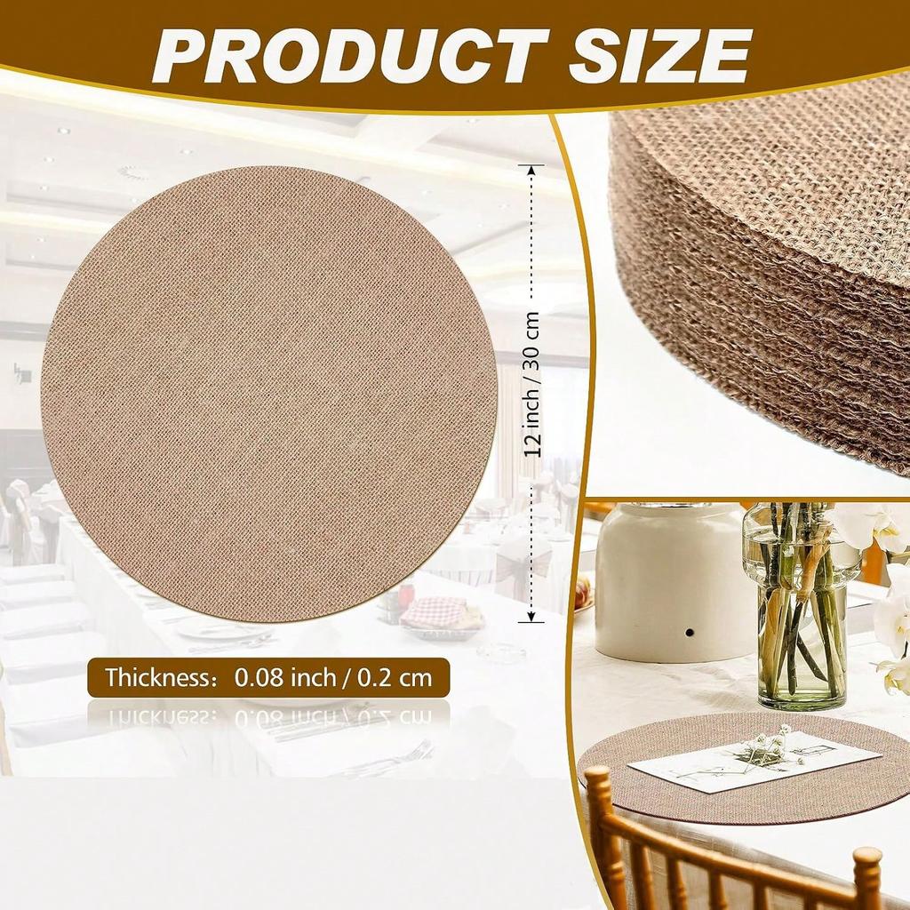 Bohemian Burlap Round Placemats, Farmhouse Style Luxury Jute Table Mats, 12 Inch Diameter, Reusable, Wedding Table Decor Tableware Mats