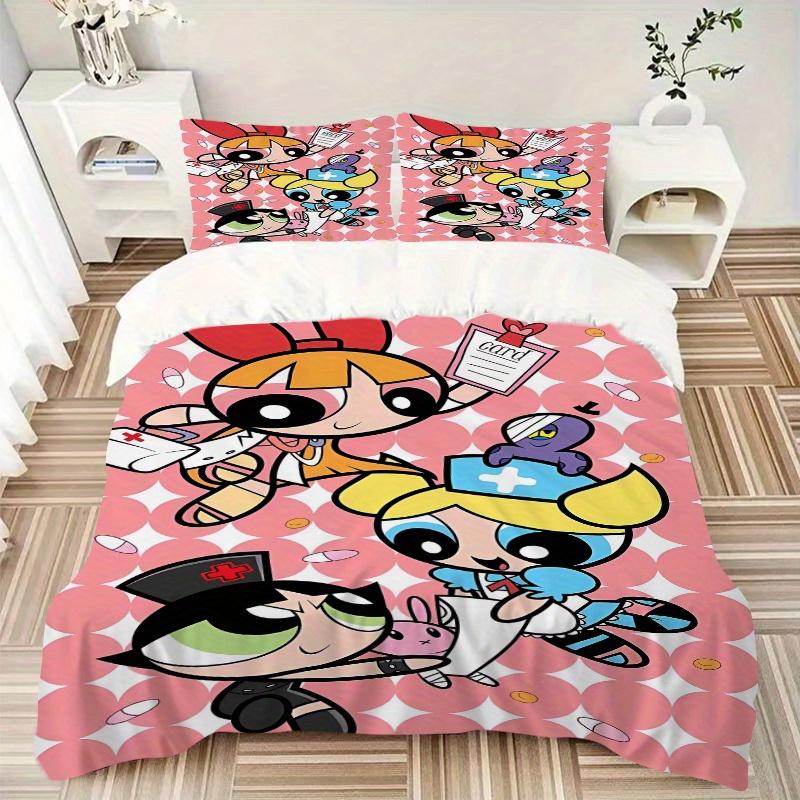 3pcs Powerpuff Girls Printed Quilt Set - Includes 1 Quilt Cover and 2 Pillowcases, Machine Washable - Suitable for All Seasons.F068