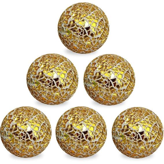 2.4 in Decorative Orbs Glass Balls Set of 6,Mosaic Sphere Globe for Whole Housewares,Wedding/Birthday,Bowls,Vases Dining Table Centerpieces (Gold)