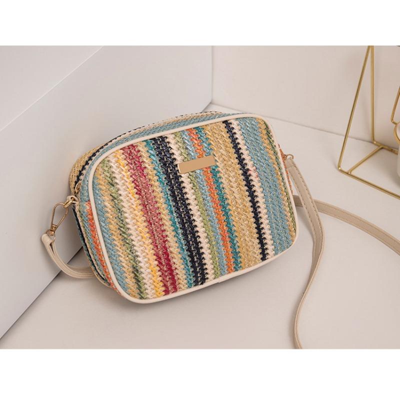 New Striped Zipper Wide Shoulder Strap Woven Straw Bag Fashionable and Simple Shoulder Messenger Bag