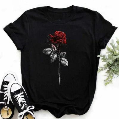Red Rose Print Women T Shirt Summershort Sleeved Round Neck Harajuku Korean Style Graphic Tops Kawaii Female T-shirt Tops