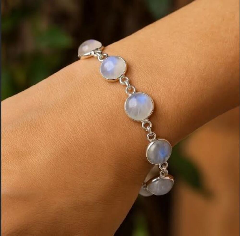 Solid 925 Sterling Silver Rainbow Moonstone Round Gemstone Handmade Designer Birthstone Bracelet Jewelry