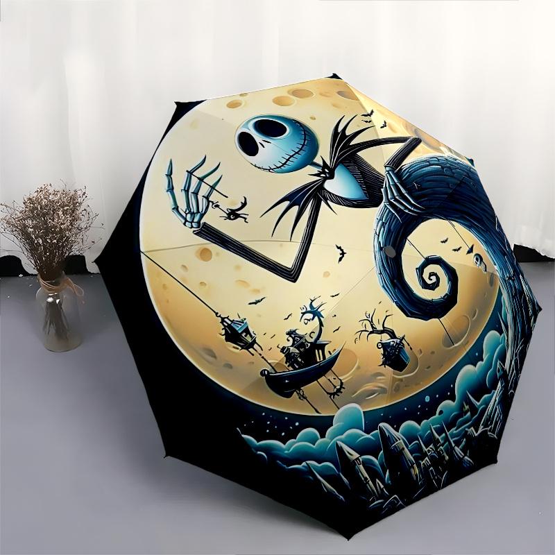 1 Auto Open Jack Skellington, Full Moon Themed Colorful 8 rib Portable Umbrella for Men and Women, A Compact Commuting Companion Suitable fo