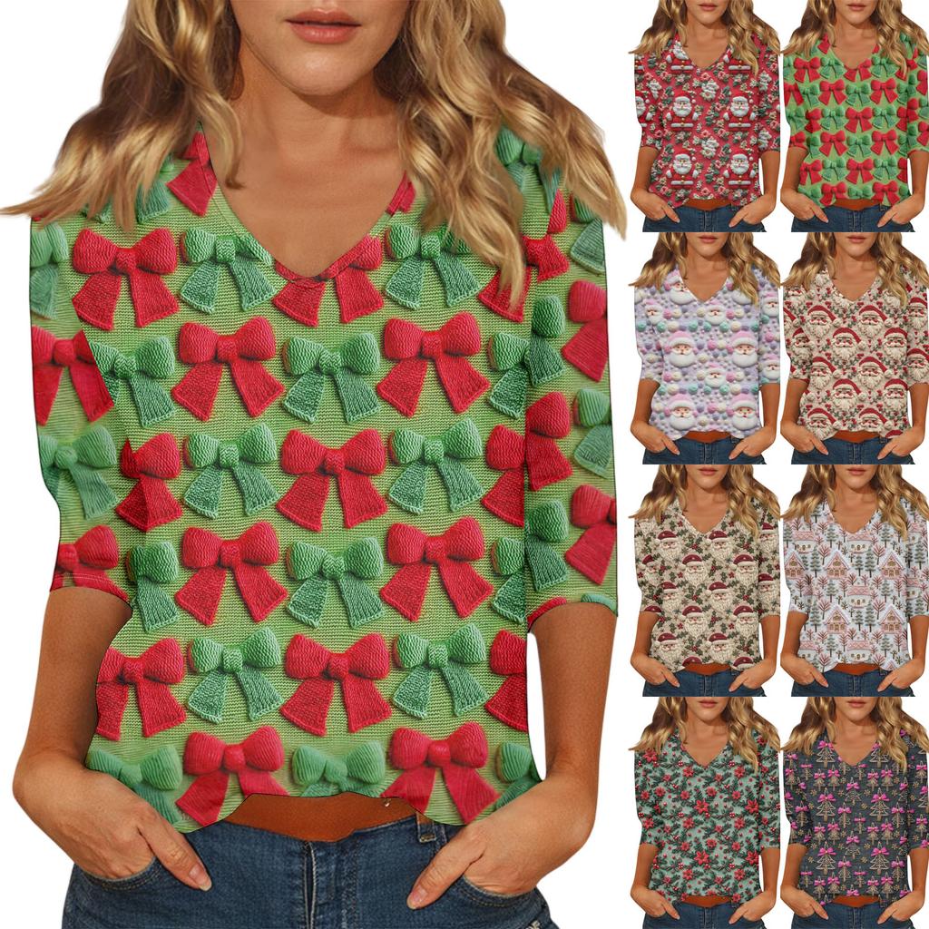 Women's Casual Fashionable Sexy Comfortable V-Neck Christmas Three-Quarter Sleeve Top
