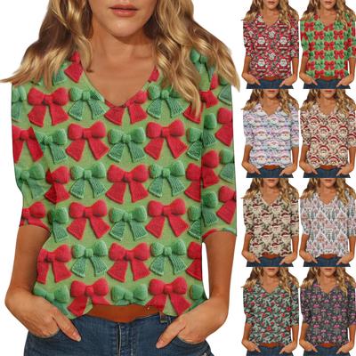 Women's Casual Fashionable Sexy Comfortable V-Neck Christmas Three-Quarter Sleeve Top