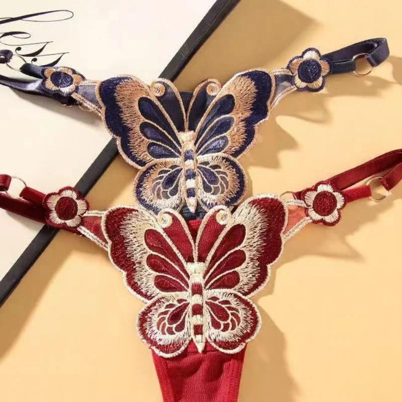 European Exquisite Butterfly Embroidered Thong Sweet Flower Perspective Lingerie Women Sexy Adjustable Briefs
