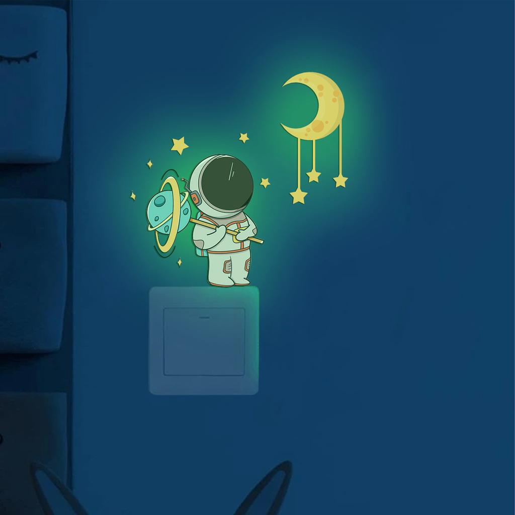 Glow In The Dark Astronaut Wall Stickers Kids Room Decor Luminous Planet Cartoon Cat Decals Rainbow Home Decor Switch Stickers
