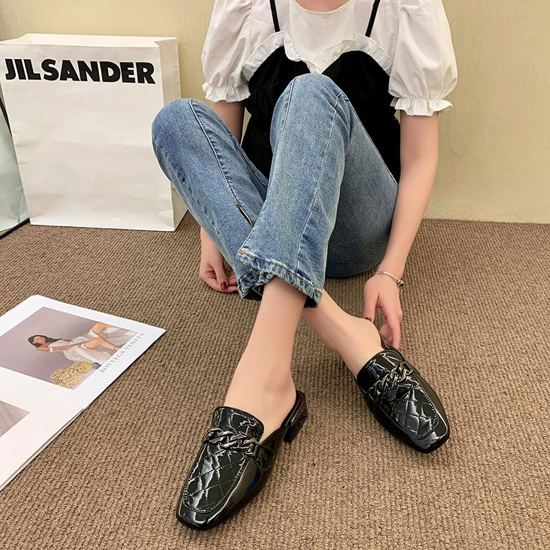 2024 Nouvelles Mules à Chaîne Métallique Femmes Bout Carré Dames Chaussures Rayées Sandales d'Été Mode Sandales à Talon Carré Pantoufles de Loisirs pour Femmes