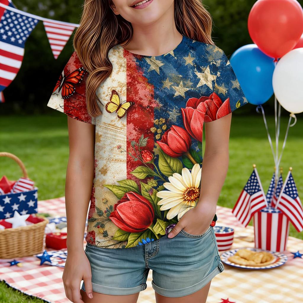 Kids Independence Day Print Round Neck Short Sleeve Casual T-shirt