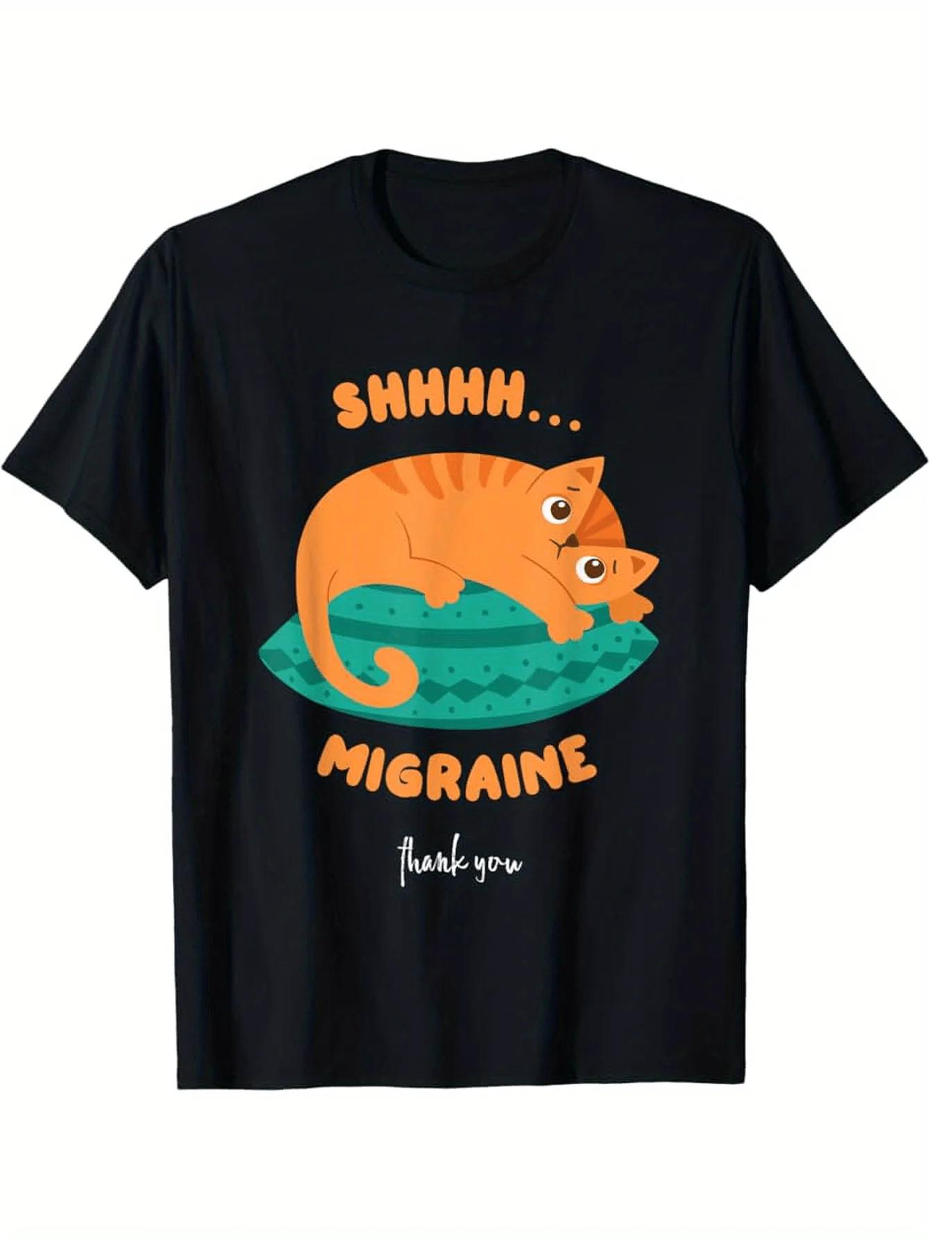 Migraine Awareness Shhh Cat Graphic Print Cotton Crew Neck Short Sleeve TShirt Unisex S