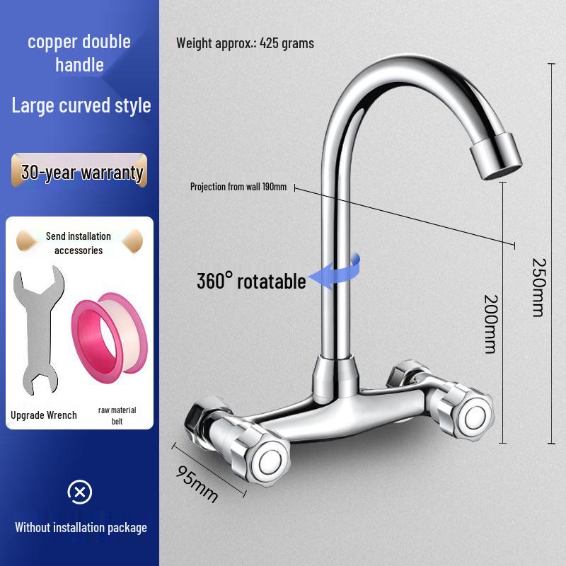 All-Copper Wall-Mounted Double-Hole Faucet for Kitchen and Balcony Sinks with Hot/Cold Mixer