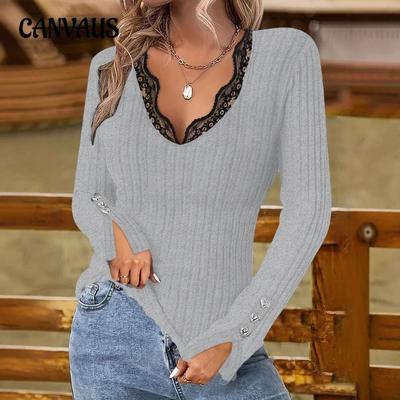 Damen Herbst Neue Bluse V-Ausschnitt Spitze Knopf Einfarbig Schlank Mode Langärmlig