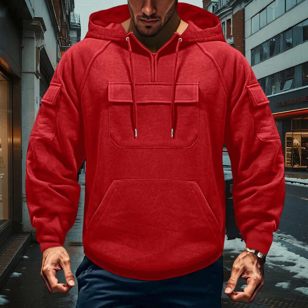 Men's Cargo Hoodie | Drawstring Multi-Pocket, Solid Color For Outdoor & Casual Wear