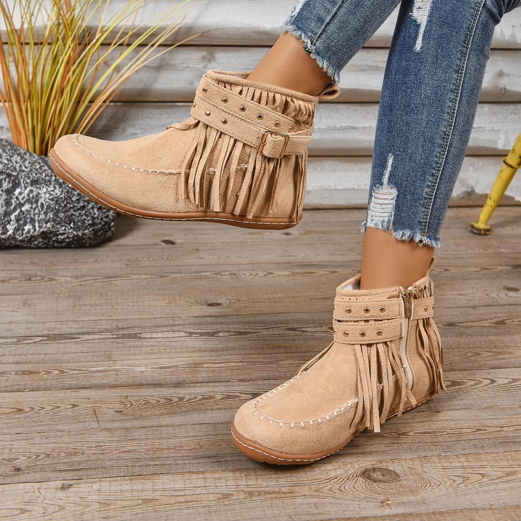 Fashion 2025 New Women Ankle Boots Rivet Comfortable Buckle Warm Shoes Casual Flat Women Shoes Retro Tassels Round Toe Short Boots Women