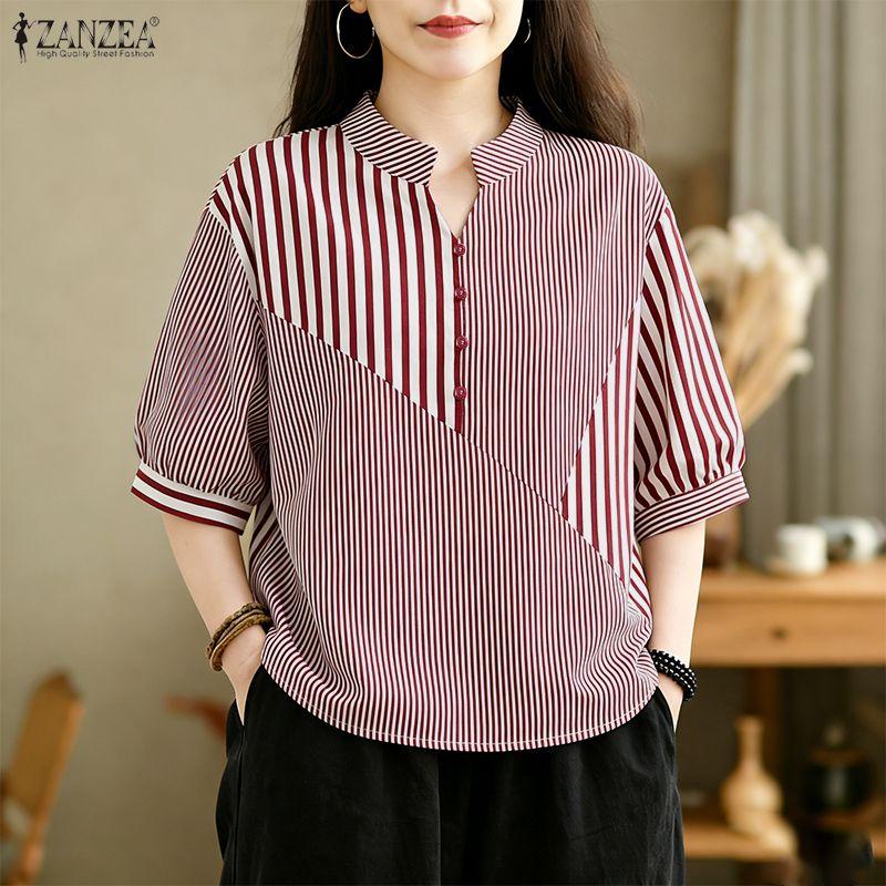 ZANZEA Women Casual V-Neck Half Sleeve Loose Stripe Blouse