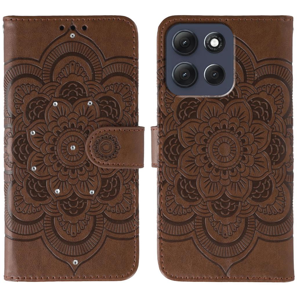 For Motorola Moto G86 5G Case Rhinestone Decor PU Leather Mandala Imprinted Design Phone Cover with Wrist Strap
