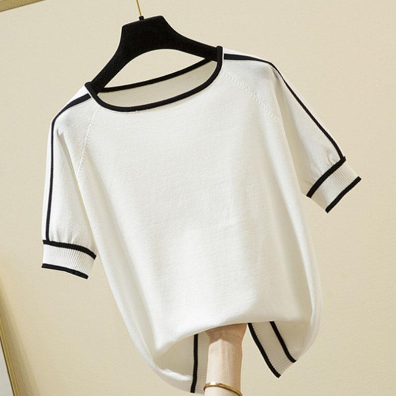 Summer Short Sleeve Tops Casual Thin Knitted T-Shirt Elegant Woman Clothes Striped Fashion Tee Shirt Femme